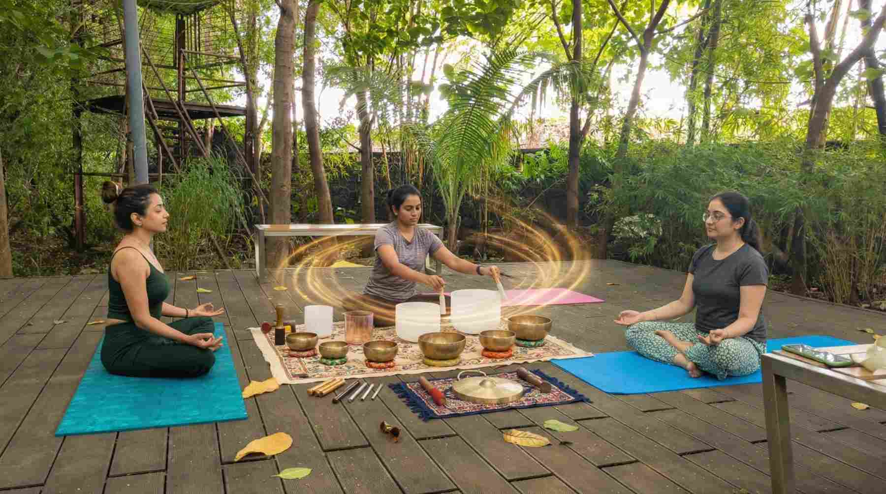 Sound healing therapy in Mumbai with a practitioner playing Tibetan singing bowls during a guided meditation session in a natural outdoor setting